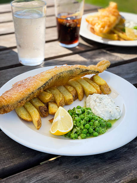 Traditional British Fish and Chips in a Pub Garden