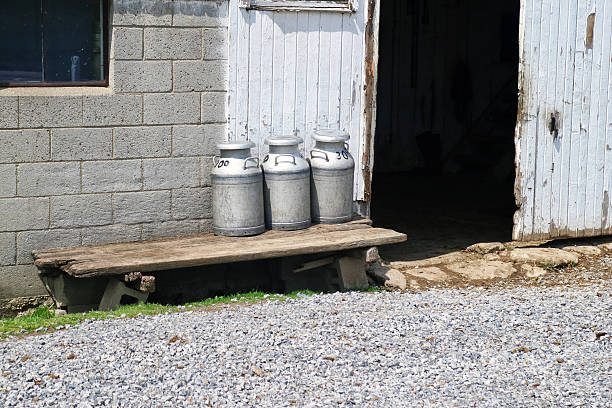 istock Three metal milk cans rest on a wooden bench 2242627046