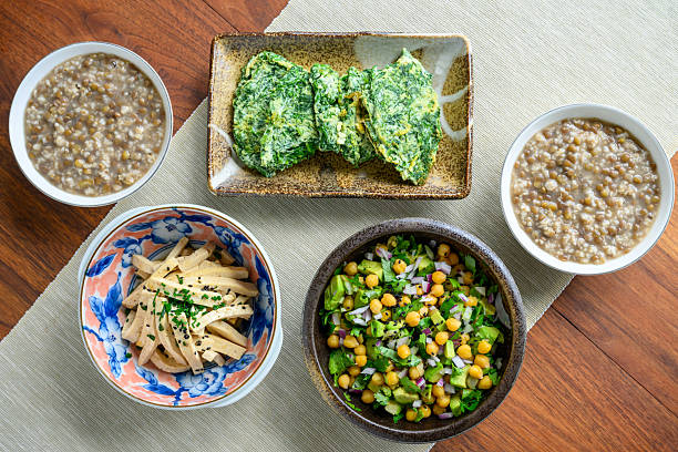 Chickpea and avocado salad, stir fried firm tofu with olive oil, egg white and dill omelet, mung bean oatmeal