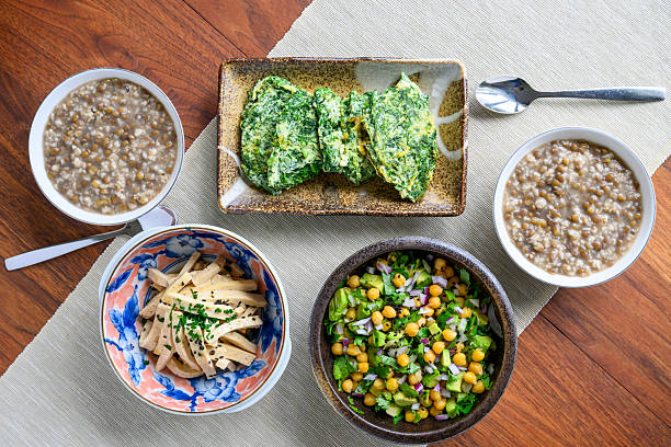 Chickpea and avocado salad, stir fried firm tofu with olive oil, egg white and dill omelet, mung bean oatmeal