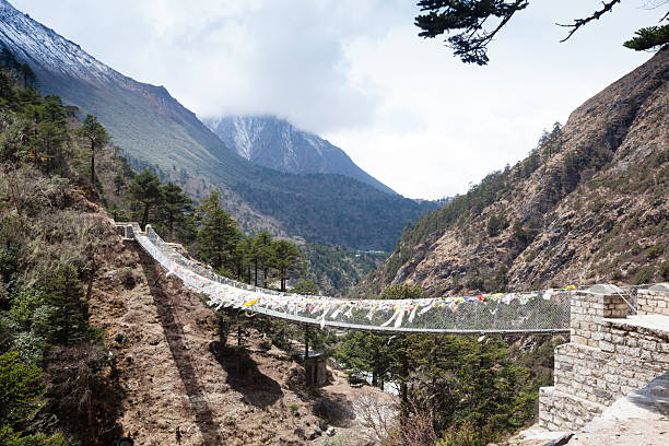 Imja river suspension bridge view along Everest base camp trekking, Nepal landscape