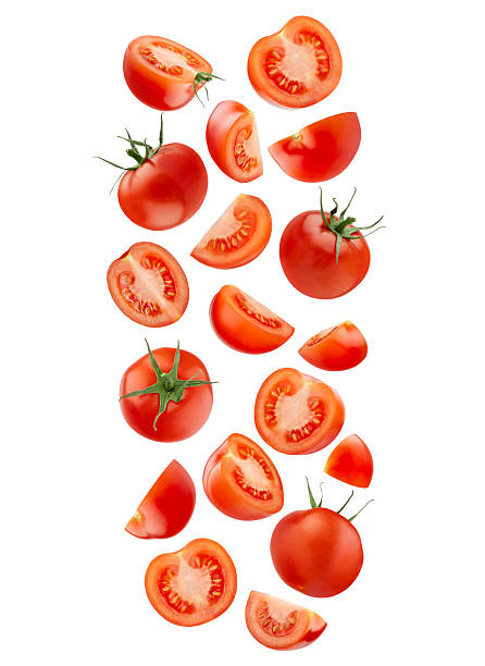 istock Ripe red cherry tomatoes with green stem whole, pieces fall or fly as wide stripe on white background, closeup, isolated. Summer healthy eating, organic food for advertising, design, branding product. 2242644215