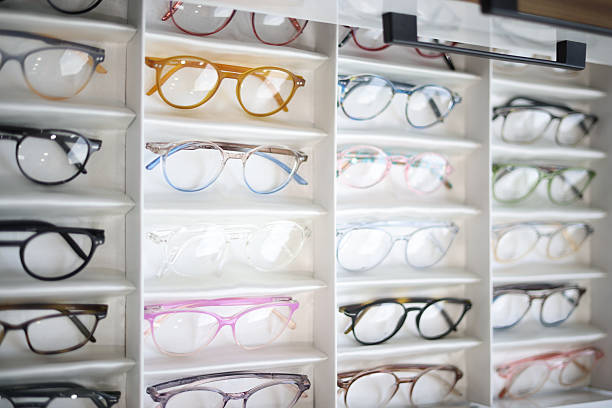 Glasses, eye care and optometry store or shelf with optical, frame and lens choice on display. Specs, eyeglasses and optics retail shop or ophthalmology clinic for eyesight, vision and health