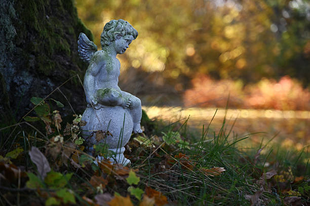 istock A small moss-covered cherub statue sits peacefully beside a tree, surrounded by autumn leaves and grass. 2242657106