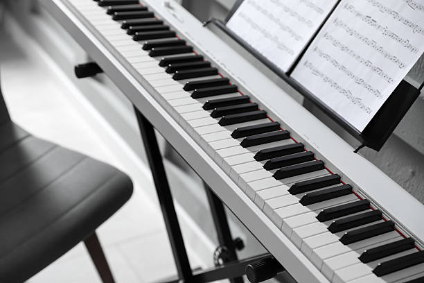 istock Synthesizer with music sheets at home, closeup 2242661646