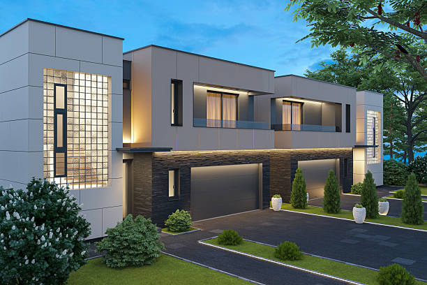istock Modern Duplex Villa with Symmetrical Design and Evening Lighting 2242664623
