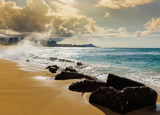Waves Washing Over Broken Dock at Sand Island Beach, Sand Island State Recreation Area, Honolulu, Oahu, Hawaii, USA