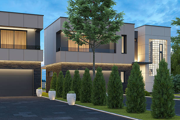 istock Modern Duplex Villa with Symmetrical Design and Evening Lighting 2242664639