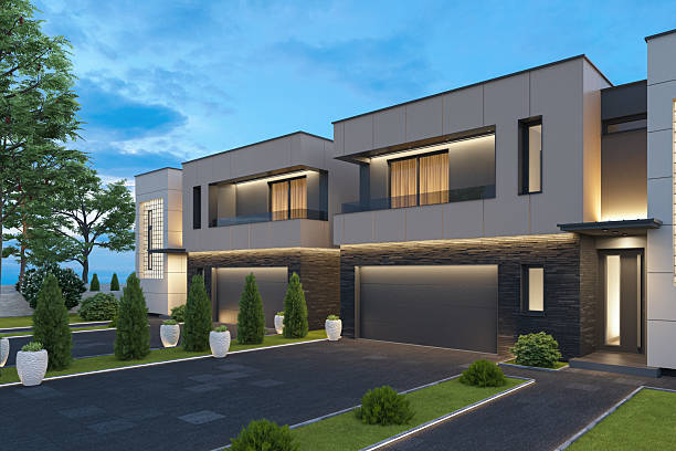istock Modern Duplex Villa with Symmetrical Design and Evening Lighting 2242664641