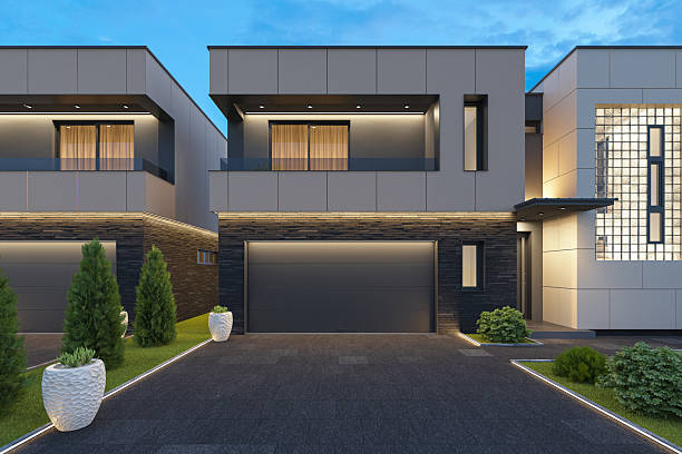 istock Modern Duplex Villa with Symmetrical Design and Evening Lighting 2242664686