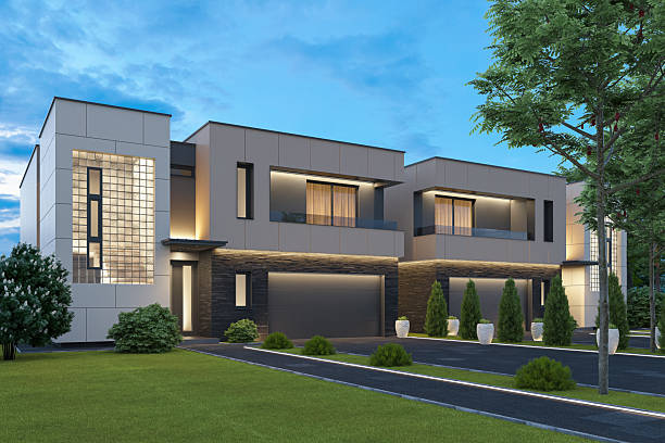 istock Modern Duplex Villa with Symmetrical Design and Evening Lighting 2242664696