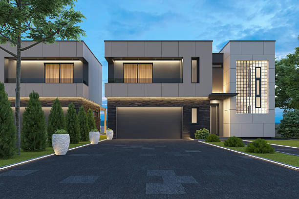 istock Modern Duplex Villa with Symmetrical Design and Evening Lighting 2242664725