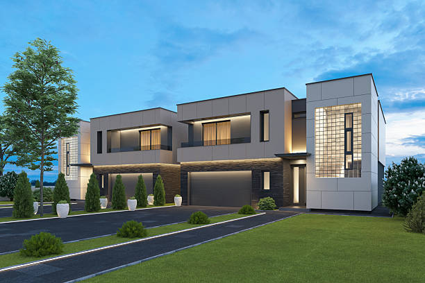 istock Modern Duplex Villa with Symmetrical Design and Evening Lighting 2242664746