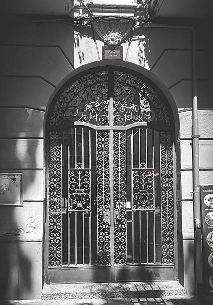 istock Ornate Wrought Iron Gate with Arched Stone Entrance 2242669064