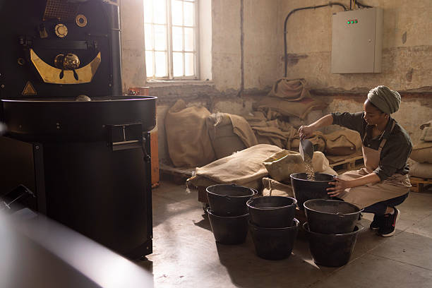 istock Female Worker Roasting Coffee Beans in Industrial Workshop with Buckets and Burlap Sacks 2242675402