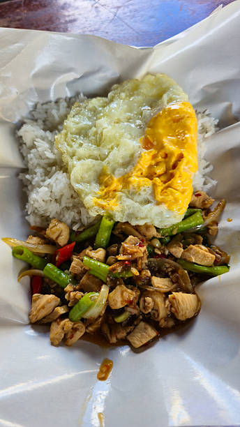 Savor the delicious flavors with this enticing Asian rice bowl featuring chicken and an egg Bangkok Thailand