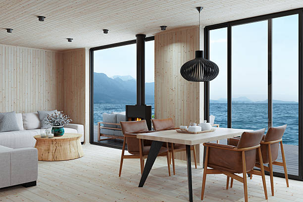 istock Scandinavian Villa Interior with Panoramic Sunrise View and Natural Materials 2242693254