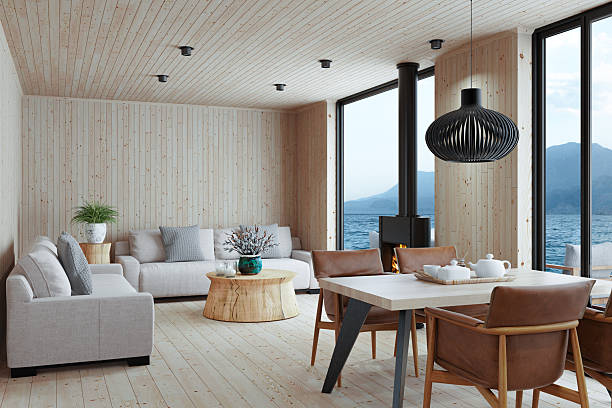 istock Scandinavian Villa Interior with Panoramic Sunrise View and Natural Materials 2242693349