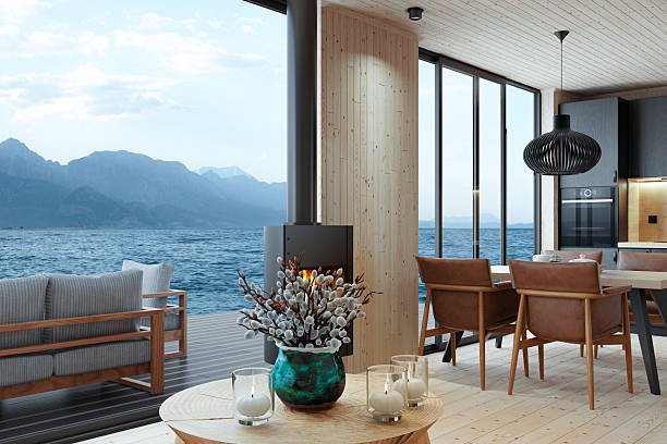 istock Scandinavian Villa Interior with Panoramic Sunrise View and Natural Materials 2242693421