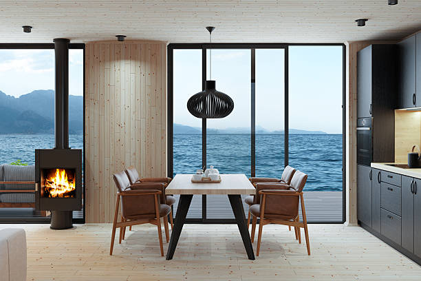 istock Modern Scandinavian Villa with Pine Kitchen Interior and Sunrise Mountain View 2242694321
