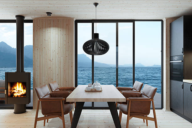 istock Modern Scandinavian Villa with Pine Kitchen Interior and Sunrise Mountain View 2242694386