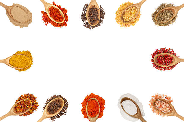 istock Spoons with spices forming a circular frame on white background 2242703405