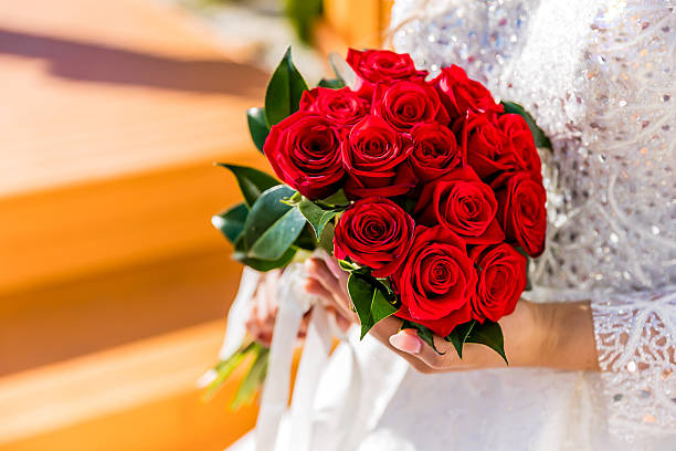 Beautiful elegant wedding bouquet, assorted flowers close up