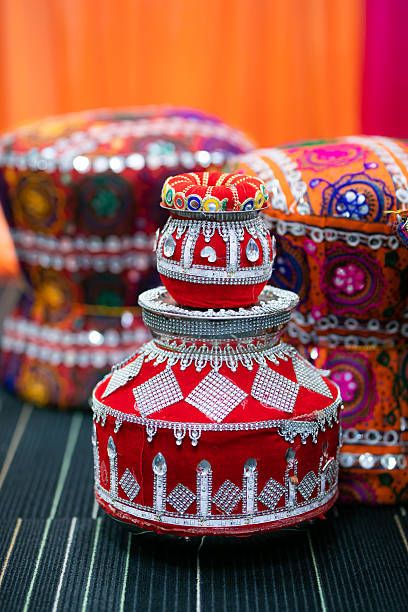istock Indian Punjabi pre wedding Jago ceremony ritual items and decorations close up 2242704997