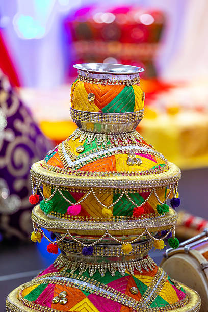 istock Indian Punjabi pre wedding Jago ceremony ritual items and decorations close up 2242705195
