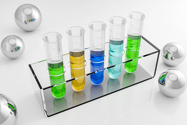 Lab detail. Test tubes, pipettes and othe lab equipment on a table.