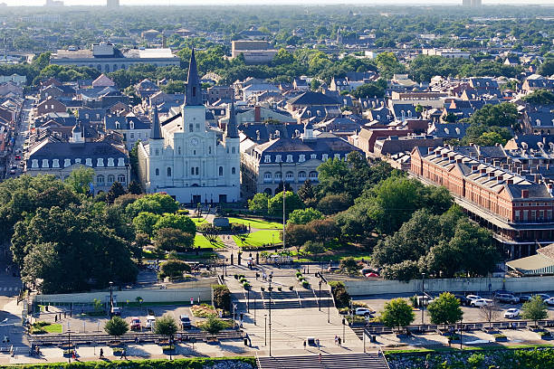 Drone View of St Louis Cathedral and Jackson Square in New Orleans, LA