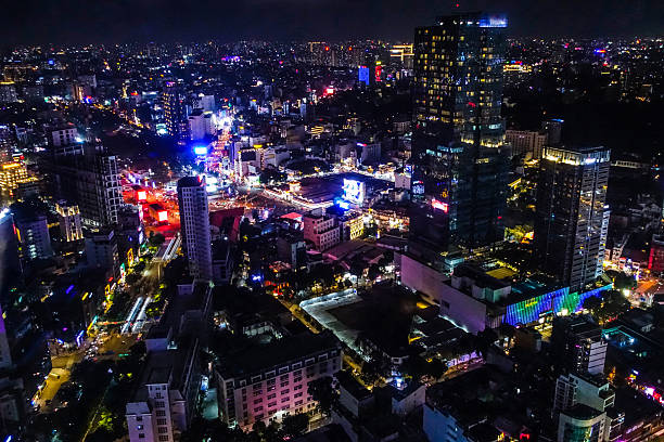 Aerial night view of colorful and vibrant cityscape of downtown with traffic light trails Skyline by night in Ho Chi Minh city. Ho Chi Minh City formerly named Saigon, is the largest city in Vietnam. Vietnam. July 2025