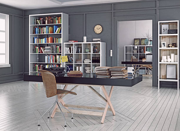 istock Modern home office interior with vintage typewriter on a desk. 3d rendering 2242719222