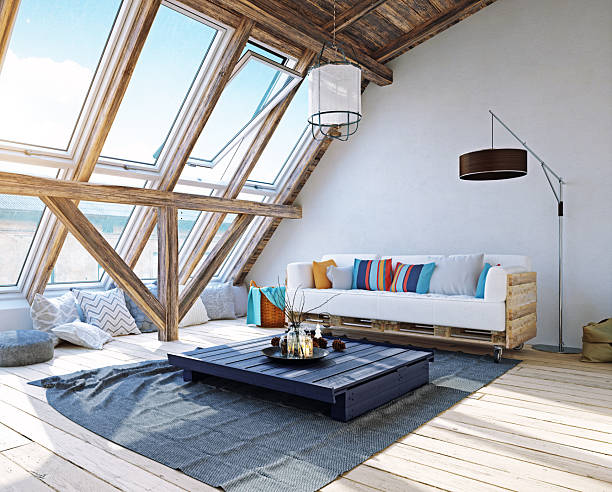 istock 3d rendering of a modern rustic attic living room. Cozy loft interior with large skylight windows 2242719240