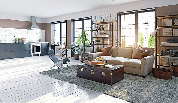 A sunlit, open-plan apartment interior with a combined living room and kitchen, featuring white wooden floors and large windows. This is a 3d rendering.