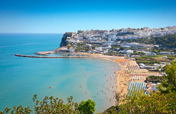 Aerial view of the Italian town Peschici and Onda beach