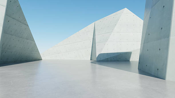istock 3d render of abstract modern geometry architecture with empty cement floor, Minimal polygon concrete building against blue sky background 2242728079