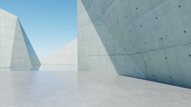 istock 3d render of abstract modern geometry architecture with empty cement floor and water, Minimal polygon concrete building against blue sky background 2242728080