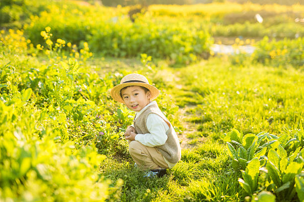 A cheerful young Asian boy wearing a straw hat and casual clothes is smiling while kneeling in a sunlit, lush green field with vibrant yellow flowers and green vegetation. The warm sunlight creates a bright, joyful atmosphere, suggesting a playful and carefree moment in a rural or garden setting during spring or summer.