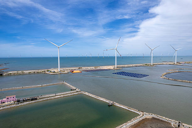 Salt pans and wind turbines by the seaside