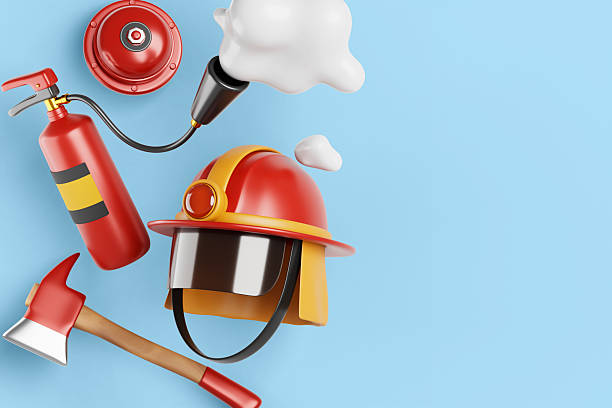 3d fireman banner template. Firefighter equipment set - fire helmet, extinguisher spraying foam, red alarm bell and axe on blue background. Emergency department, cartoon render icons. 3D illustration