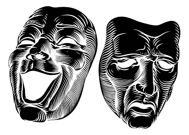 Theater or theatre drama comedy and tragedy masks in a vintage woodcut etching style