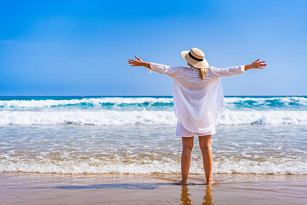 istock Mature beautiful woman standing on beach 2242735278