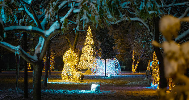 istock Park decorated with twinkling Christmas lights, Christmas trees. 2242745829