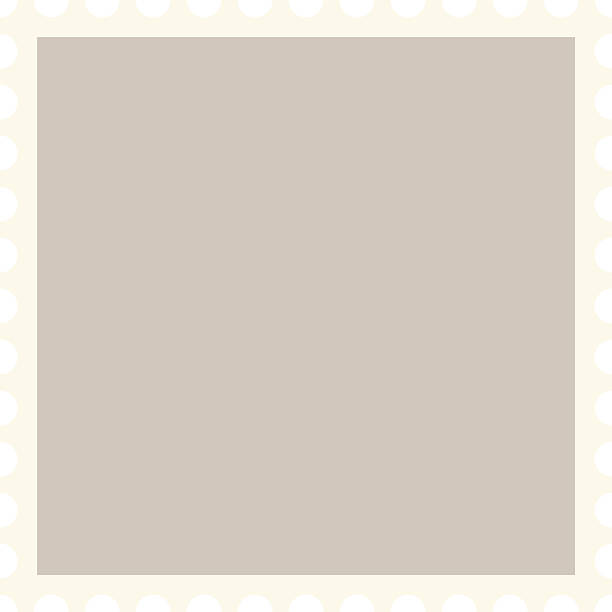 A square frame with perforated edges resembling a postage stamp in a clean, flat style. The border features a regular pattern of circular cutouts for a classic stamp look. Cartoon vector illustration.