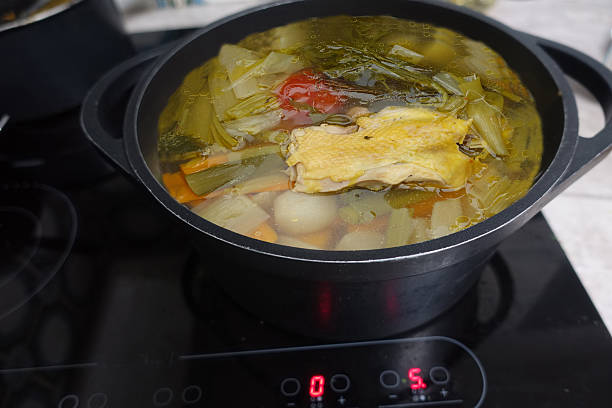 Chicken in a pot  Chicken broth and various vegetables being cooked in a casserole dish  Traditional French cuisine