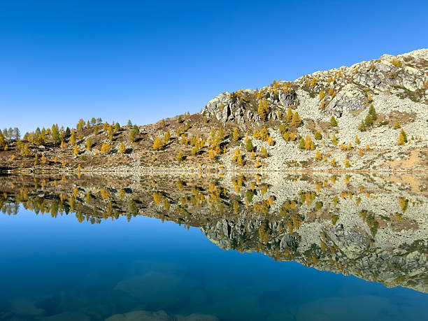 Clear mountain lake perfectly reflecting rocky hills with yellow autumn trees. Scenic natural landscape with calm water and bright blue sky. Tranquil outdoor environment in fall season.