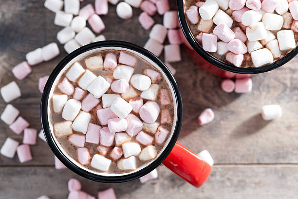 istock Hot chocolate drink with marshmallows in red mug 2242766023