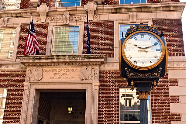 Greenville, SC  September 13, 2025: The historic 10-story Chamber of Commerce building, and clock, was constructed in 1925 and is on the National Register of Historic Places.
