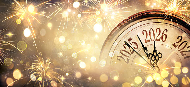 Happy New Year - Gold Bokeh Lights And Clock - Sparkle Greeting Card